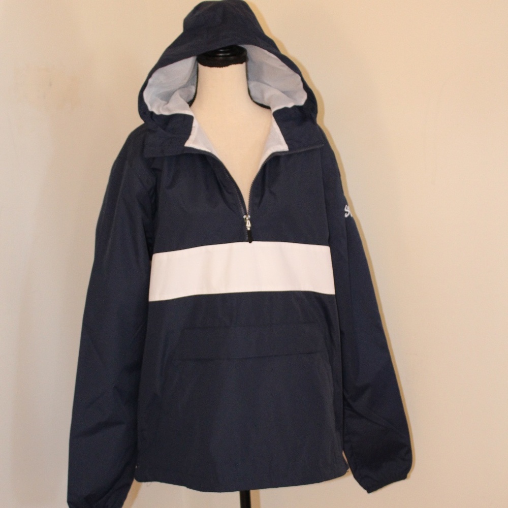 Sport-Tek, Pull over windbreaker navy blue and white with hood San Diego NWOT